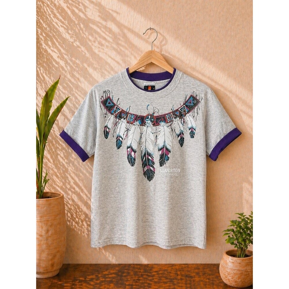 Vintage 90s Dreamcatcher Feather Graphic Ringer Tee Boho Western USA Made Large